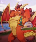  2019 activision anthro bedroom_eyes conditional_dnp delbin_(spyro) dragon flexing half-closed_eyes hands_behind_head hi_res horn looking_at_viewer male membrane_(anatomy) membranous_wings muscular muscular_male navel open_vest pose red_scales scales seductive smile smirk solo spiked_tail spyro_reignited_trilogy spyro_the_dragon video_games wings xnirox 