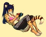  anthro barefoot black_spots breasts cheetah clothed clothing digital_media_(artwork) felid feline female fur gonewiththefart mammal orange_fur simple_background solo spots spotted_fur yellow_background 