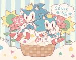  anthro birthday black_eyes blue_fur blush blush_stickers buke3jp cake chibi clothing crown cupcake duo eating english_text eulipotyphlan flag flower food footwear fruit fur giant_food gloves handwear hedgehog holding_food holding_object male mammal open_mouth open_smile pattern_background plant shoes simple_background sitting smile sonic_(series) sonic_the_hedgehog sprinkles square_crossover strawberry striped_background sunflower text 