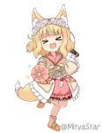  &gt;_&lt; 1girl :d animal_ear_fluff animal_ears bangs blonde_hair blush boots brown_footwear can closed_eyes commentary_request eyebrows_visible_through_hair facing_viewer fox_ears fox_girl fox_tail full_body gochuumon_wa_usagi_desu_ka? holding holding_can japanese_clothes kimono kirima_sharo long_sleeves miicha obi open_mouth pink_kimono sash simple_background sleeves_past_wrists smile solo standing standing_on_one_leg star tail twitter_username white_background wide_sleeves xd 