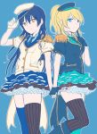  2girls arm_up ayase_eli bangs black_gloves blonde_hair blue_background blue_eyes blue_hair commentary_request epaulettes eyebrows_visible_through_hair finger_to_cheek gloves hair_between_eyes hand_on_headwear hat holding_hands kamekoya_sato long_hair looking_at_viewer love_live! love_live!_school_idol_project mismatched_legwear multiple_girls necktie ponytail short_sleeves simple_background skirt smile sonoda_umi standing striped striped_legwear thighhighs vertical-striped_legwear vertical_stripes white_gloves yellow_eyes 
