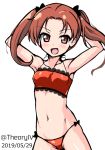  1girl :d aegis_(nerocc) arms_behind_head arms_up bangs black_bow bow bow_panties bra breasts brown_eyes brown_hair commentary cowboy_shot dated eyebrows_visible_through_hair girls_und_panzer hair_bow kadotani_anzu lace lace-trimmed_bra long_hair looking_at_viewer navel open_mouth panties parted_bangs red_bra red_panties simple_background small_breasts smile solo standing string_panties twintails twitter_username underwear underwear_only white_background 