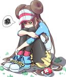  1girl black_legwear blue_eyes blush brown_hair commentary_request defeat double_bun frustrated full_body highres knees_up leg_hug legwear_under_shorts long_hair looking_at_viewer mei_(pokemon) pantyhose poke_ball poke_ball_(generic) pokemon pokemon_(game) pokemon_bw2 raglan_sleeves shoes short_shorts shorts sitting sneakers solo tatami_(loop) tearing_up twintails very_long_hair visor_cap yellow_shorts 