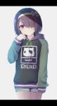  1girl absurdres blush closed_mouth expressionless eyebrows_visible_through_hair gabriel_dropout hair_over_one_eye highres hood hood_down hoodie jewelry kurona_mei letterboxed long_sleeves looking_at_viewer purple_eyes purple_hair ring short_hair simple_background solo tapris_sugar_step tenma-gav white_background 