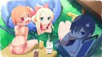  3girls :3 :d bangs bikini black_hair black_shorts blonde_hair blue_eyes blush brown_hair chair closed_mouth commentary_request cup day drink drinking_glass eyebrows_visible_through_hair flower green_eyes hair_between_eyes hair_flower hair_ornament highres himesaka_noa hood hood_down hooded_jacket hose hoshino_hinata ice ice_cube jacket looking_at_viewer lying makuran multiple_girls on_chair on_stomach one_side_up open_mouth outdoors pink_bikini pink_flower plaid plaid_bikini polka_dot polka_dot_bikini red_bikini red_eyes shirosaki_hana short_shorts short_sleeves shorts side-tie_bikini sitting smile swimsuit wading_pool wafer_stick watashi_ni_tenshi_ga_maiorita! water water_gun white_jacket 