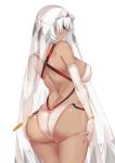  1girl altera_(fate) ass back bangs bare_shoulders bikini blush bracelet breasts closed_mouth dark_skin fate/extra fate/grand_order fate_(series) headdress highleg highleg_bikini highres jewelry large_breasts looking_at_viewer looking_back red_eyes revealing_clothes short_hair sideboob simple_background solo spider_apple swimsuit tattoo thighs white_background white_bikini white_hair 