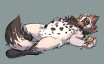  anthro digital_media_(artwork) food fur gonewiththefart grey_fur hyaenid lying male mammal on_back sleeping solo 