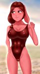  2019 absurd_res anthro big_breasts blush breasts buffbumblebee camel_toe clothed clothing digital_media_(artwork) embarrassed eyebrows eyelashes female front_view frown fur hair half-closed_eyes hi_res lagomorph leporid looking_away mammal navel nipple_outline nipples one-piece_swimsuit outside pink_fur pussy rabbit red_eyes red_hair seaside skimpy sky solo standing swimwear thick_thighs tight_clothing water 
