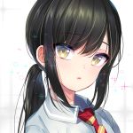  1girl black_hair brown_eyes commentary_request emily_(pure_dream) face long_hair necktie original ponytail red_neckwear school_uniform shirt simple_background solo upper_body white_background white_shirt 