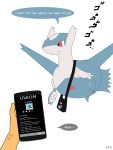  2019 accessory blue_feathers bodily_fluids claws dragon english_text feathers feral fingers hi_res hoodie_stalker human latios legendary_pok&eacute;mon male mammal nintendo phone pok&eacute;mon pok&eacute;mon_(species) red_eyes scalie simple_background sweat text video_games white_background 