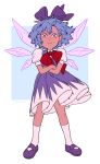  1girl artist_name blue_background blue_dress blue_hair bow cirno closed_mouth commentary crossed_arms dress english_commentary full_body hair_bow ice ice_wings kneehighs legs_apart looking_at_viewer mary_janes pinafore_dress puffy_short_sleeves puffy_sleeves purple_bow red_bow rii_abrego shirt shoes short_hair short_sleeves solo standing touhou two-tone_background white_legwear white_shirt wind wings 