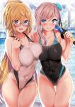  2girls asymmetrical_hair backlighting bangs bare_shoulders black_swimsuit blonde_hair blue_eyes blue_swimsuit blush breasts bun_cover closed_mouth collarbone covered_navel fate/grand_order fate_(series) glasses hair_bun highleg highleg_swimsuit highres jeanne_d&#039;arc_(fate) jeanne_d&#039;arc_(fate)_(all) jeanne_d&#039;arc_(swimsuit_archer) kawai large_breasts long_hair looking_at_viewer miyamoto_musashi_(fate/grand_order) miyamoto_musashi_(swimsuit_berserker)_(fate) multiple_girls one-piece_swimsuit open_mouth pink_hair ponytail pool smile swept_bangs swimsuit toy_sword two-tone_swimsuit very_long_hair water white_swimsuit 