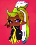  cephalopod clothed clothing dark_skin ear_piercing ear_ring female green_hair hair horn humanoid_pointy_ears inkling looking_aside marine mollusk nintendo piercing ponytail purple_eyes red_background simple_background slice_(spudenski) solo splatoon spudenski video_games 