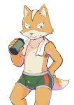  2017 5_fingers anthro bottomwear bulge canid canine clothed clothing colored_sketch dipstick_tail fingers fox fox_mccloud front_view fur green_eyes gym_shorts hair hand_on_hip holding_object kemono looking_at_viewer male mammal mohawk_(hairstyle) multicolored_tail nintendo orange_fur shinki_k short_hair shorts simple_background skimpy solo standing star_fox tight_clothing topless towel towel_around_neck underwear video_games white_background 
