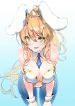  1girl absurdres ahoge alternate_costume animal_ears artoria_pendragon_(all) artoria_pendragon_(lancer) bangs bare_arms bare_shoulders bent_over blonde_hair blue_legwear blue_neckwear blush breasts bunny_ears bunny_girl bunnysuit cleavage collarbone commentary_request covered_nipples detached_collar eyebrows_visible_through_hair fate/grand_order fate_(series) feather_boa fishnet_pantyhose fishnets gradient gradient_background green_eyes hair_between_eyes highres kobo_(cobo_0609) large_breasts leotard long_hair looking_at_viewer navel necktie open_mouth pantyhose ponytail short_necktie sidelocks smile solo strapless strapless_leotard swept_bangs tiara very_long_hair wrist_cuffs 