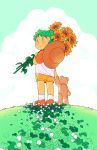  1girl :o artist_name blue_eyes cloud clover commentary day duralumin english_commentary flower from_behind full_body grass green_hair hat hat_removed headwear_removed holding holding_flower koiwai_yotsuba looking_back orange_footwear quad_tails rii_abrego shoes short_hair short_sleeves shorts sky sneakers socks solo straw_hat stuffed_animal stuffed_toy sun_hat sunflower teddy_bear white_legwear yellow_shorts yotsubato! 
