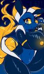  2019 anthro blue_body breasts digital_media_(artwork) domestic_cat e621 esix felid feline felis female mammal mascot napdust pussy smile solo yellow_eyes 