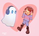  2016 blush clothed clothing duo fully_clothed ghost happy headphones human male mammal napstablook not_furry protagonist_(undertale) rie_(artist) smile spirit sweater topwear undertale video_games 