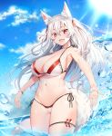  1girl absurdres animal_ear_fluff animal_ears bikini blue_sky blush bracelet breasts cleavage cloud collarbone droplets fang feet_out_of_frame fox_ears fox_girl fox_tail highres jewelry large_breasts long_hair navel open_mouth partially_submerged red_eyes side-tie_bikini sky solo sunlight swimsuit tail thigh_strap water white_hair yashiro_sousaku 