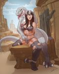  2018 anthro big_breasts black_hair bodily_fluids bound breasts camel_toe clothing detailed_background dinosaur drooling duo female female/female fingering hair hi_res legwear lunate navel nipples nude open_mouth outside reptile saliva scalie snapper stockings story story_in_description surprise tongue tongue_out torn_clothing 