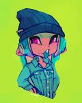  bean_(spudenski) beanie blue_clothing blue_hair blue_tongue cephalopod clothing female green_background hair hat headgear headwear humanoid_pointy_ears marine mollusk nintendo octarian octoling piercing pink_eyes simple_background solo splatoon spudenski tongue tongue_out video_games 
