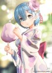  1girl artist_name bangs blue_eyes blue_hair blurry blurry_background bokeh breasts cotton_candy depth_of_field floral_print flower food gio_(maroon0924) hair_between_eyes hair_flower hair_ornament holding holding_food japanese_clothes kanzashi kimono long_sleeves looking_at_viewer medium_breasts obi parted_lips pink_flower print_kimono re:zero_kara_hajimeru_isekai_seikatsu rem_(re:zero) sash short_hair sidelocks solo sparkle upper_body white_kimono wide_sleeves x_hair_ornament yukata 