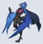  4_toes ambiguous_gender anisodactyl anthro avian beak bird black_beak blue_feathers clothed clothing digital_media_(artwork) feathered_wings feathers gonewiththefart red_eyes simple_background solo standing toes white_background wings 