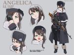  1girl brown_hair character_name check_commentary commentary_request fur_hat gloves green_eyes gun hair_ornament hairclip hat highres long_hair mitsusaka_mitsumi original rifle sniper_rifle solo thighhighs translation_request ushanka weapon 