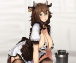  apron bell bikini_top breasts brown_hair cleavage cowgirl cropped garter_belt green_eyes horns houtengeki maid original stockings thighhighs underboob 