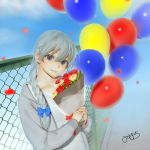  1girl balloon bouquet braid commentary_request flower hair_over_shoulder hair_ribbon long_hair looking_at_viewer mi8pq ribbon sekka_yufu silver_eyes silver_hair single_braid smile solo utau 