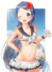  adapted_costume artist_name bangs bikini bikini_skirt blue_eyes blue_hair blush bottle bow_bikini breasts cloud cloudy_sky collarbone flower hair_flower hair_ornament holding holding_bottle innertube kantai_collection light_rays long_hair looking_at_viewer mae_(maesanpicture) navel one_eye_closed open_mouth red_flower sailor_collar samidare_(kantai_collection) sky small_breasts smile sun sunbeam sunlight swept_bangs swimsuit very_long_hair white_bikini wristband 