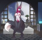  2019 anthro bed bedroom bolgan bonsai breasts canid canine computer detailed_background female fennec fox hair hand_on_hip hi_res lunate mammal moon navel nipples nude pink_eyes pink_hair plant post_transformation pussy solo standing 