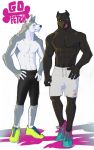  anthro athletic canid canine canis clothed clothing domestic_dog duo footwear fur hi_res licking licking_lips male mammal muscular muscular_male nomifuki shoes simple_background tongue tongue_out topless 