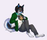  2019 anthro barefoot black_hair blue_nose blue_tongue canid canine canis clothed clothing digital_media_(artwork) domestic_dog food gonewiththefart hair male mammal open_mouth simple_background solo teeth tongue white_background 