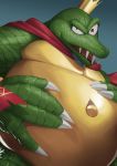  anthro cape claws close-up clothing crown detailed donkey_kong_(series) gaoemon3 hand_on_stomach headgear hi_res king king_k._rool kremling looking_at_viewer male manly musclegut muscular navel nintendo open_mouth outie_navel pecs red_eyes reptile royalty scales scalie sharp_claws sharp_teeth smile solo standing teeth tongue video_games 