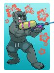  3_toes 5_fingers barefoot biceps black_nose bottomwear carrying clothed clothing eyewear fingers fur glasses grey_eyes grey_fur grey_hair hair hi_res hikazedragon holding_object larger_male male mammal marine one_eye_closed shorts size_difference solo_focus toes tongue topless tuft ursid water water_gun 