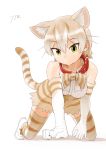  1girl absurdres animal_ear_fluff animal_ears animal_print bare_shoulders blonde_hair bow bowtie cat_(kemono_friends) cat_ears cat_girl cat_print cat_tail collar elbow_gloves extra_ears eyebrows_visible_through_hair gloves green_eyes high-waist_skirt highres kemono_friends multicolored_hair print_gloves print_legwear print_neckwear print_skirt red_collar shoes short_hair skirt sleeveless sneakers solo tail thighhighs totori_(ttr_oti) whiskers white_footwear white_hair zettai_ryouiki 