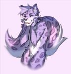  anthro black_nose digital_media_(artwork) eyes_closed felid fingers fur gonewiththefart hair leopard male mammal pantherine purple_hair purple_spots smile solo spots spotted_fur tongue white_fur 