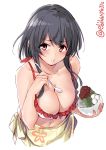  1girl alternate_costume bikini black_hair blush breasts ebifurya eyebrows_visible_through_hair floral_print food hair_between_eyes highres ice_cream kantai_collection large_breasts looking_at_viewer navel open_mouth red_eyes short_hair simple_background solo spoon swimsuit white_background yamashiro_(kantai_collection) 