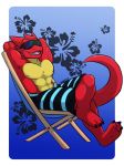  2016 3_toes abs ambiguous_gender biceps bottomwear chair clothed clothing dragon eyewear hikazedragon lying male marine muscular nipples open_mouth orange_skin pecs red_skin shorts sitting toes topless triceps yellow_skin 
