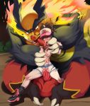 1boy 1girl baseball_cap bestiality blue_eyes boots breasts brown_hair denim denim_shorts emboar fire french_kiss gen_5_pokemon hat highres huge_testicles kiss looking_at_another nipples no_panties open_mouth outdoors pants penis poke_ball_symbol pokemon pokemon_(game) pokemon_bw polyle ponytail pussy sex short_shorts shorts sidelocks teeth testicles topless torn_clothes torn_pants touko_(pokemon) uncensored veins veiny_penis wristband 