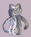  4_toes 5_fingers anthro anthro_on_anthro black_spots canid canine canis digital_media_(artwork) digitigrade duo felid fingers fur gonewiththefart grey_fur kissing male male/male mammal pantherine snow_leopard spots spotted_fur standing toes white_fur wolf 
