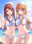 2girls :d ahoge armpits bare_arms bare_shoulders beach bikini blue_sailor_collar blue_sky breasts brown_hair cloud collarbone commentary_request cowboy_shot cuna_(qunya) day hairband hand_on_hip hand_up hat idolmaster idolmaster_million_live! long_hair looking_at_viewer medium_breasts multiple_girls navel ocean open_mouth parted_lips purple_eyes red_eyes red_hair sailor_bikini sailor_collar sailor_hat sailor_swimsuit_(idolmaster) side-by-side side-tie_bikini sidelocks sky smile stomach sunlight swimsuit tanaka_kotoha tokoro_megumi water white_bikini white_headwear 