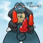  2019 animal_genitalia animal_penis anthro balls bow_tie canid canine_penis catfistingparty_(artist) clothing english_text erection food knot looking_at_viewer low-angle_view lucario male mammal nintendo penis pok&eacute;mon pok&eacute;mon_(species) popsicle red_eyes sheath shirt sky solo text topwear vein veiny_penis video_games 
