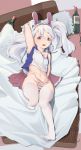  1girl absurdres animal_ears azur_lane bangs bare_shoulders blanket bottle bunny_ears chinese_commentary collarbone commentary_request eyebrows_visible_through_hair fake_animal_ears full_body hairband highres konbix laffey_(azur_lane) long_hair looking_at_viewer lying navel on_back open_mouth panties pillow pleated_skirt round_teeth scared side-tie_panties silver_hair skirt skirt_removed solo spaghetti_strap stomach striped striped_panties teeth thighhighs twintails underwear untied untied_panties white_legwear wine_bottle 