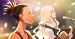  2girls blonde_hair blue_eyes brown_eyes carole_&amp;_tuesday carole_stanley dark_skin dress earrings guitar highres indoors instrument jewelry long_hair microphone multiple_girls music playing_instrument singing tuesday_simmons upper_body white_dress xianguang 