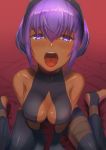  1girl absurdres announ_(kurotya) bangs bare_shoulders black_leotard blush breasts center_opening collarbone covered_nipples dark_skin eyebrows_visible_through_hair fate/prototype fate/prototype:_fragments_of_blue_and_silver fate_(series) hair_between_eyes hairband hands_on_ground hassan_of_serenity_(fate) highres leotard looking_at_viewer medium_breasts open_mouth oral_invitation purple_eyes purple_hair red_background short_hair sitting solo tearing_up tears teeth tongue uvula wariza 