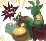  ! 4_fingers cape clothing crocodile crocodilian crocodylid crown donkey_kong_(series) fingers green_skin king king_k._rool looking_at_viewer male nintendo open_mouth overweight overweight_male reptile royalty scalie smile softdon solo text tongue tongue_out video_games yelling 