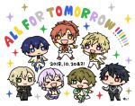  &gt;_&lt; 6+boys amamiya_kanade arm_up artist_name black_hair black_jacket black_pants blonde_hair blue_hair blue_neckwear bright_pupils brown_hair chibi dated dorifesu! green_eyes green_hair green_neckwear grey_neckwear idol jacket katagiri_itsuki kazami_keigo kuroishi_yuuto lavender_hair multiple_boys oikawa_shin pants purple_eyes purple_neckwear red_hair red_neckwear sasaki_junya sawamura_chizuru smile sparkle sunpic topknot white_jacket white_pants yellow_neckwear 