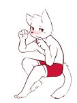  2016 5_fingers 5_toes anthro blush bottomwear clothed clothing cub domestic_cat felid feline felis fingers fur male mammal red_bottomwear red_clothing shorts simple_background solo toes topless white_background white_fur woong young 